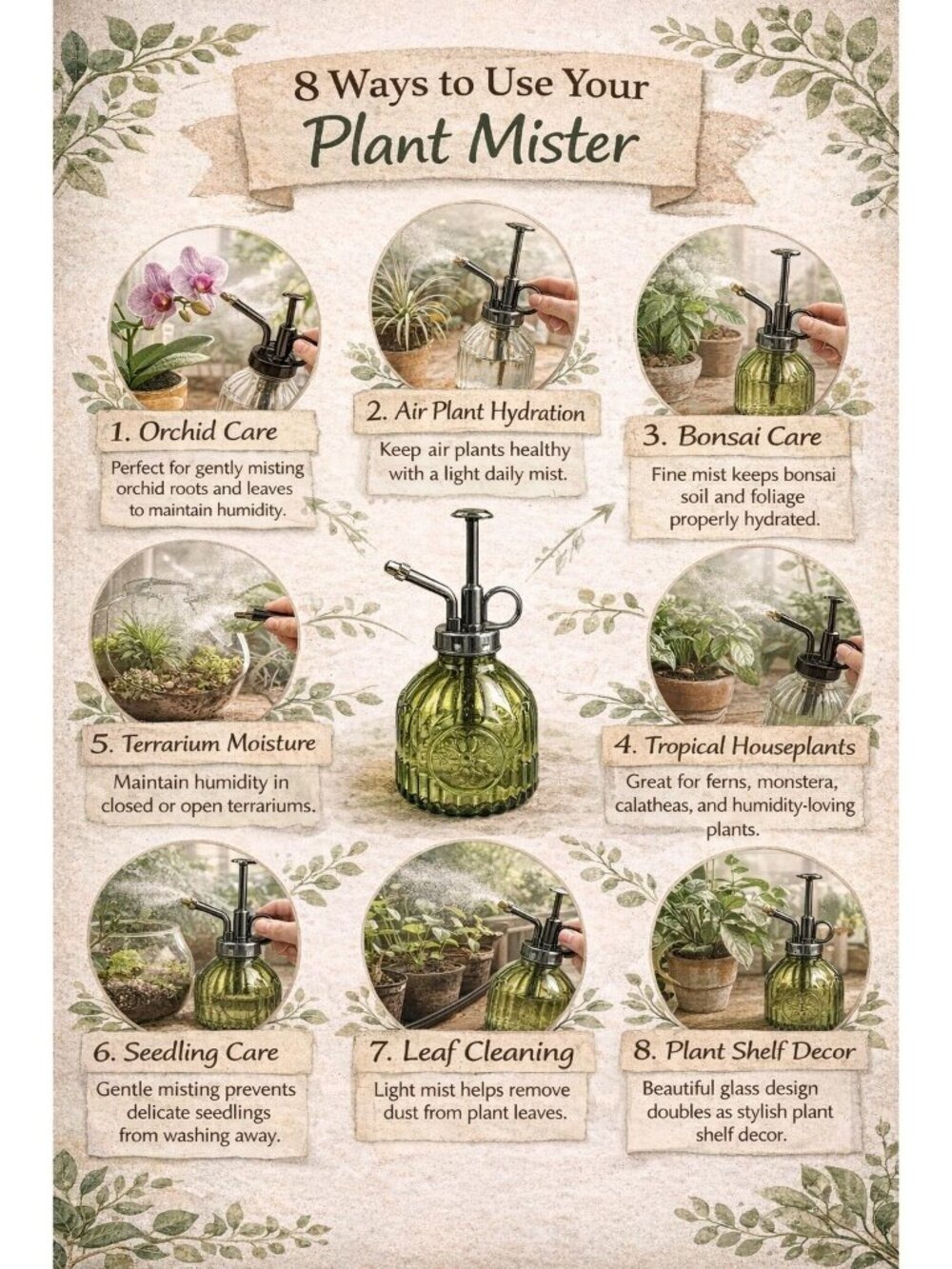 Olive Green Glass Orchid Mister 6.8 oz Air Plant Fine Mist Spray Bottle - Picture 7 of 11